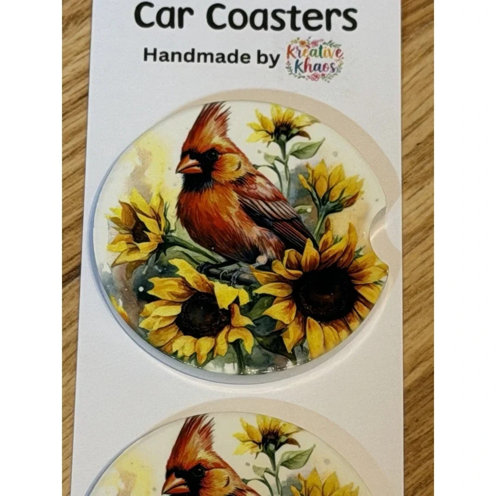 Set Of 2 Custom Made Ceramic Car Coasters Cardinal And sunflowers
